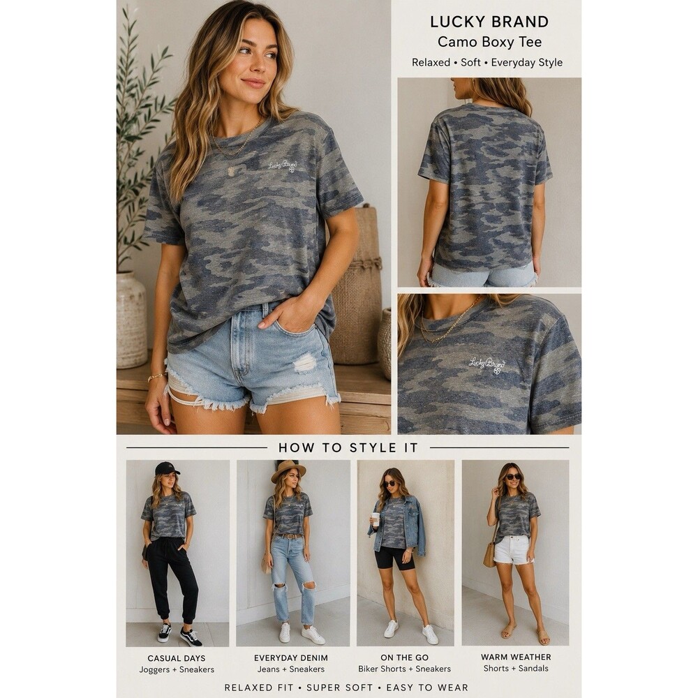 Lucky Brand Camo T Shirt Womens XL Green Gray Crewneck Logo Casual Tee